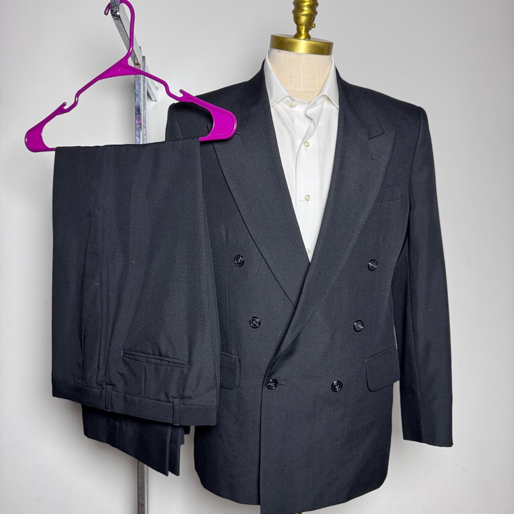 Stafford Suit Mens 40R W31 Black Solid Double Breasted Peak Lapel Vintage USA